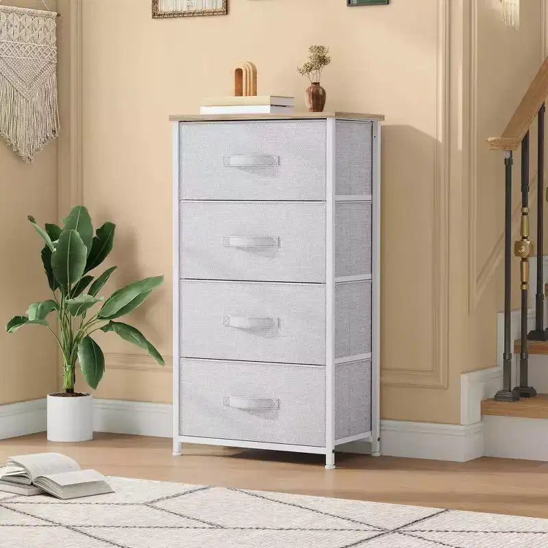 Commode à 4 tiroirs en tissu avec plateau en bois et cadre en acier