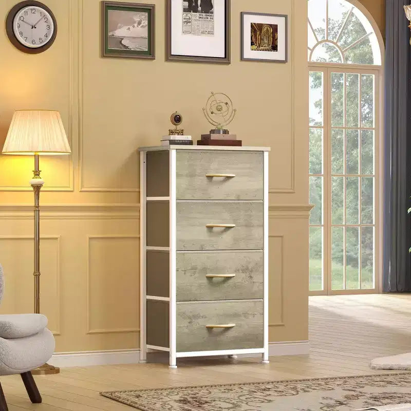 Commode à 4 tiroirs en tissu avec plateau en bois et cadre en acier