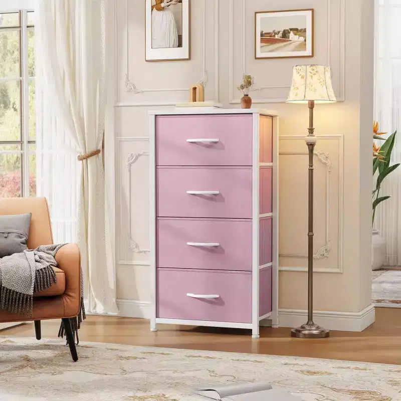 Commode à 4 tiroirs en tissu avec plateau en bois et cadre en acier