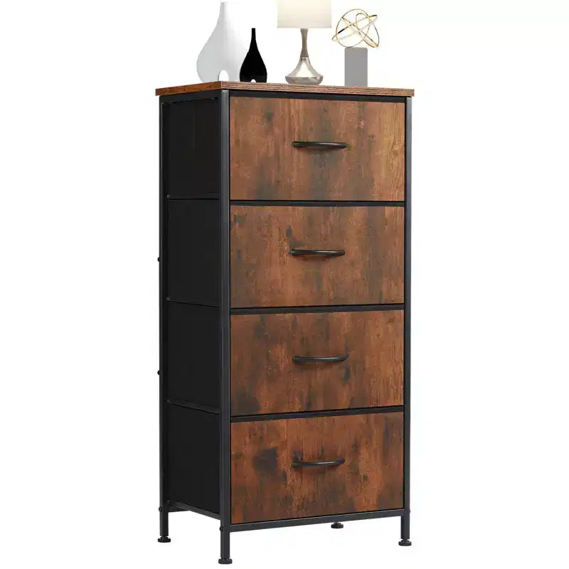 Commode à 4 tiroirs en tissu avec plateau en bois et cadre en acier