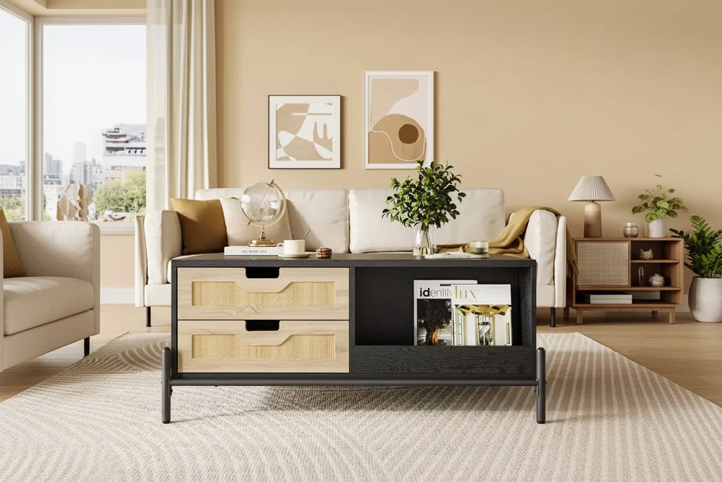 WhizMax Rattan Coffee Table with LED Lights, Mid Century Modern Coffee Table with 4 Drawers and Open Storage Shelf, Wooden Living Room Coffee Table