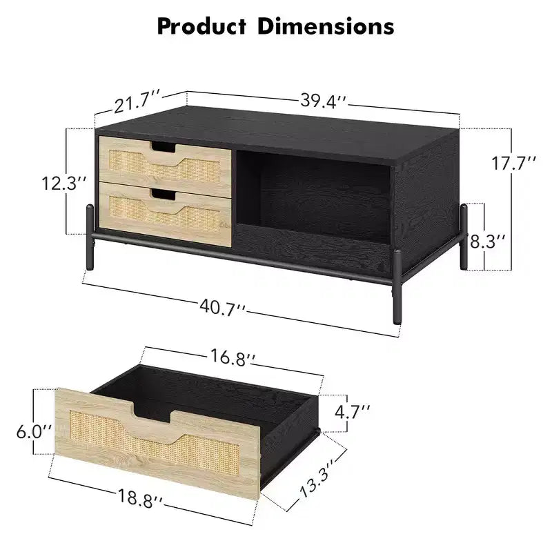 Table basse en rotin de style Mid-Century avec lumières LED, 4 tiroirs et étagère ouverte