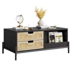 Table basse en rotin de style Mid-Century avec lumières LED, 4 tiroirs et étagère ouverte