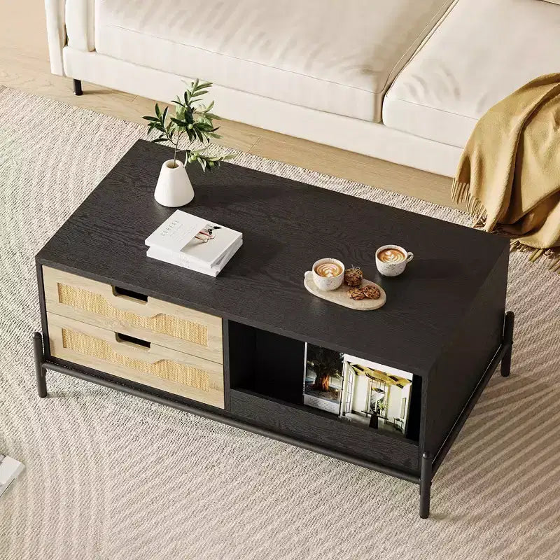 Table basse en rotin de style Mid-Century avec lumières LED, 4 tiroirs et étagère ouverte