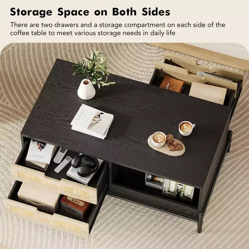 Table basse en rotin de style Mid-Century avec lumières LED, 4 tiroirs et étagère ouverte
