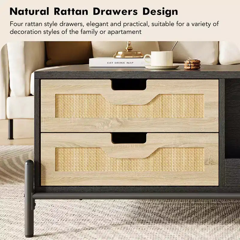 Table basse en rotin de style Mid-Century avec lumières LED, 4 tiroirs et étagère ouverte
