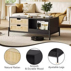 Table basse en rotin de style Mid-Century avec lumières LED, 4 tiroirs et étagère ouverte