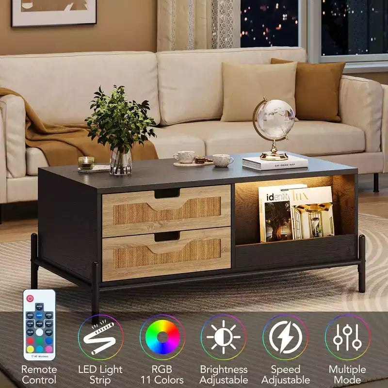 Table basse en rotin de style Mid-Century avec lumières LED, 4 tiroirs et étagère ouverte