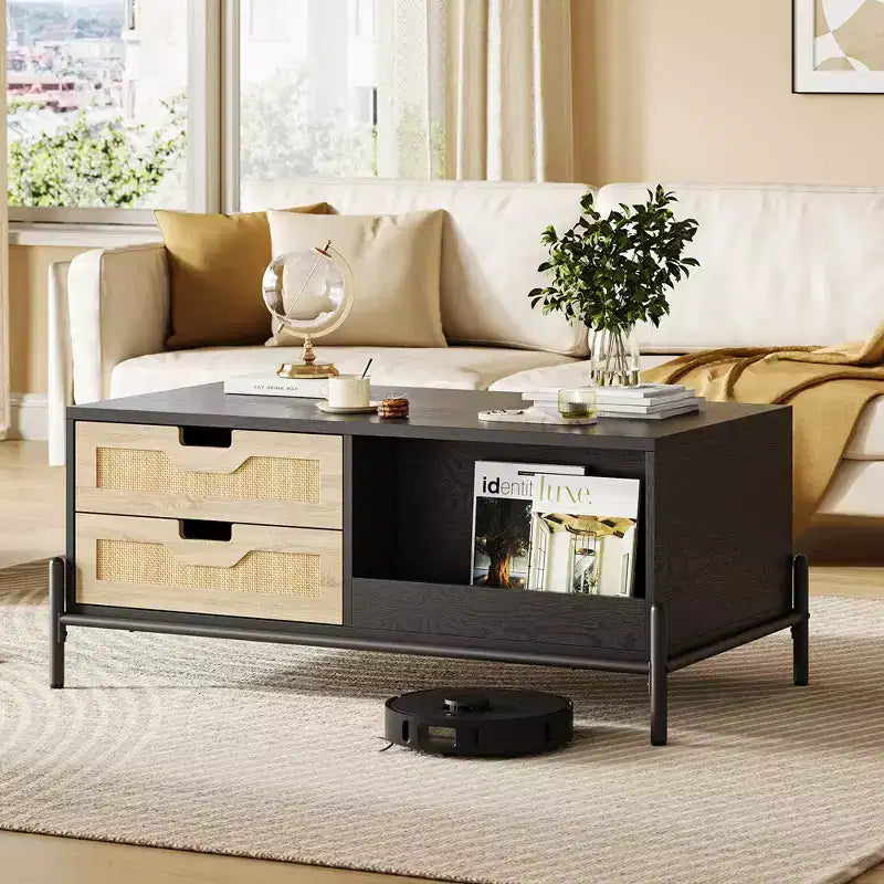 Table basse en rotin de style Mid-Century avec lumières LED, 4 tiroirs et étagère ouverte
