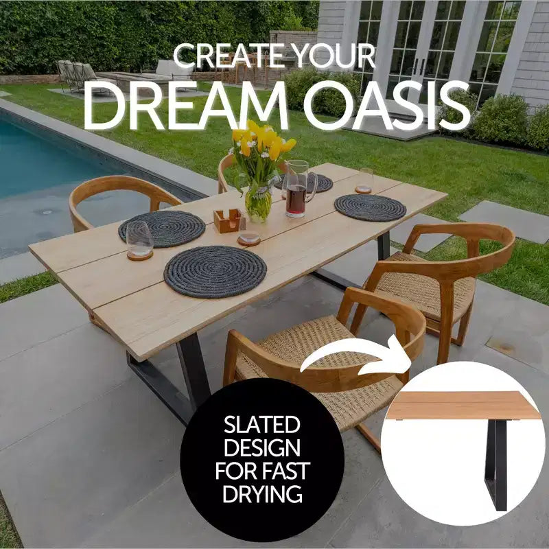 Table de salle à manger d'intérieur/extérieur en teck naturel 79" – Beige avec pieds noirs