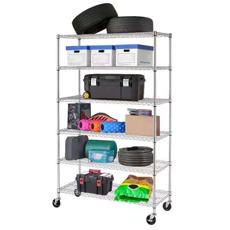Étagère métallique à 6 niveaux robustes avec roulettes – Organiseur de garage
